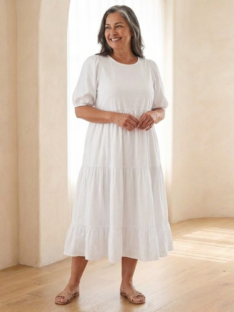Women's Midi Dress with Puff Sleeves for Everyday Outings
