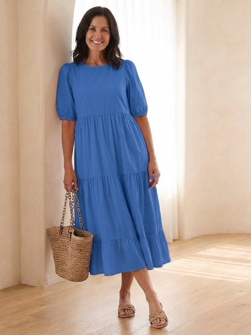 Women's Midi Dress with Puff Sleeves for Everyday Outings