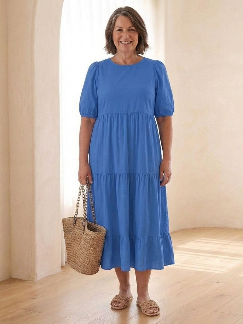 Women's Midi Dress with Puff Sleeves for Everyday Outings