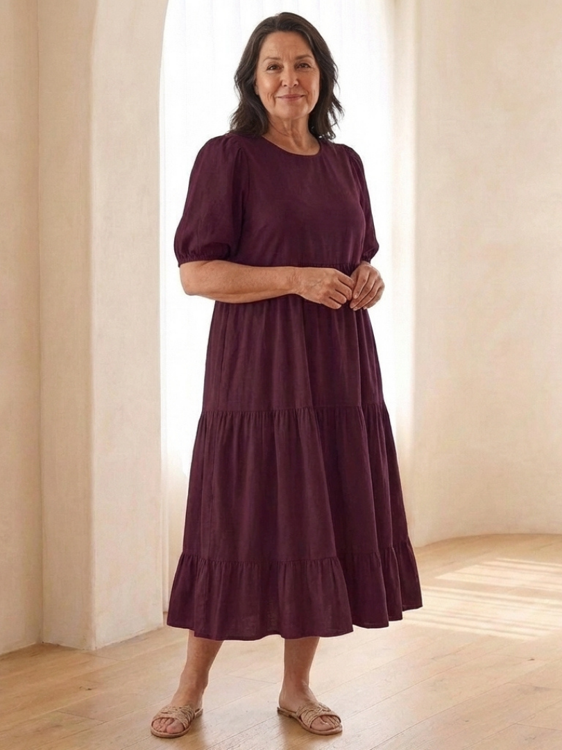 Women's Midi Dress with Puff Sleeves for Everyday Outings