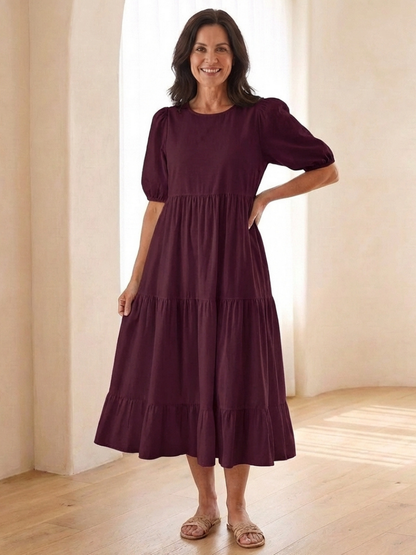 Women's Midi Dress with Puff Sleeves for Everyday Outings
