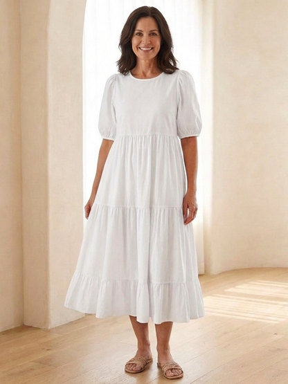 Women's Midi Dress with Puff Sleeves for Everyday Outings