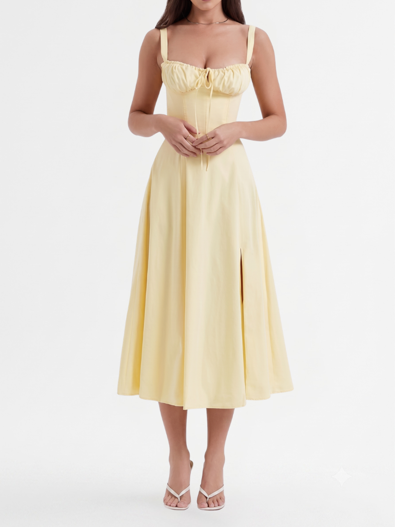 Women's Midi Dress with Ruched Bust and Corset Bodice