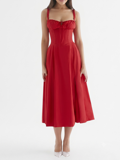 Women's Midi Dress with Ruched Bust and Corset Bodice