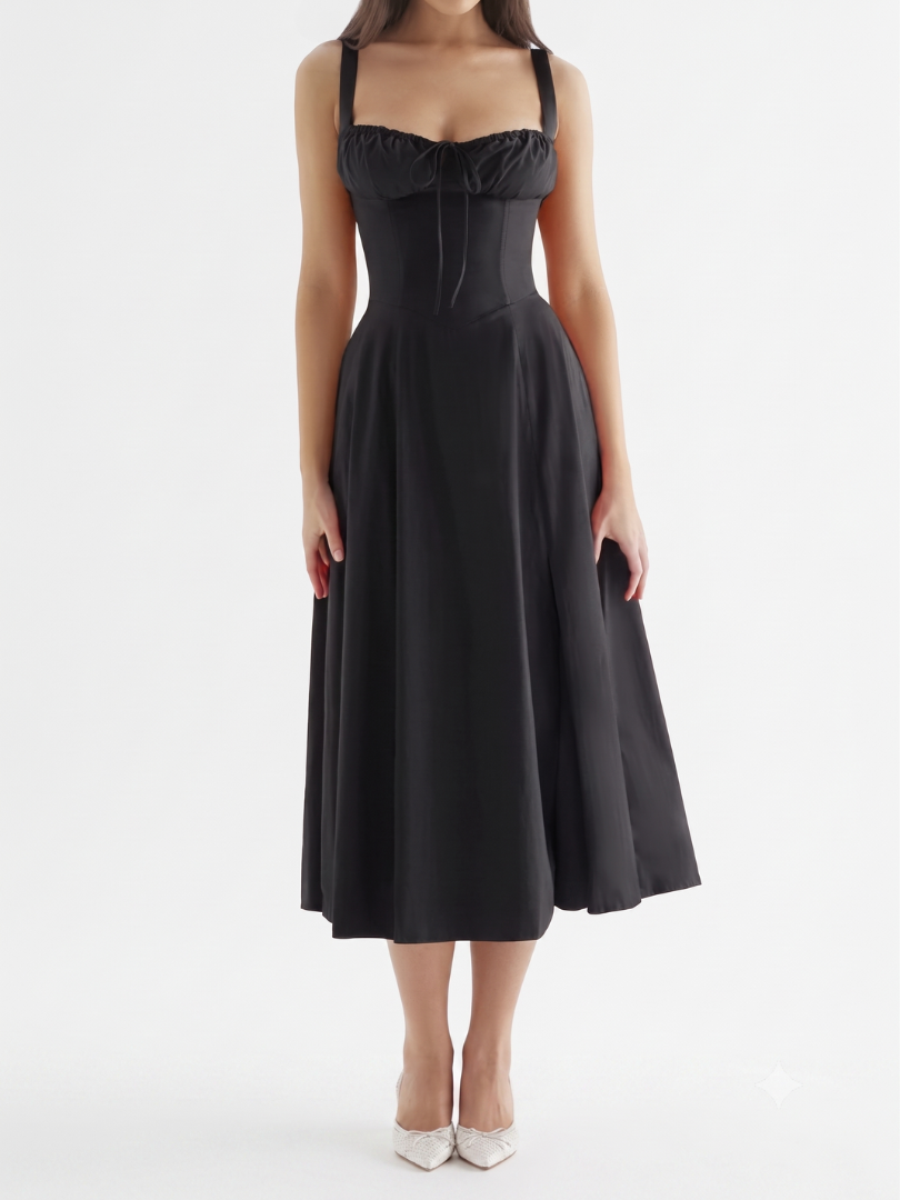 Women's Midi Dress with Ruched Bust and Corset Bodice
