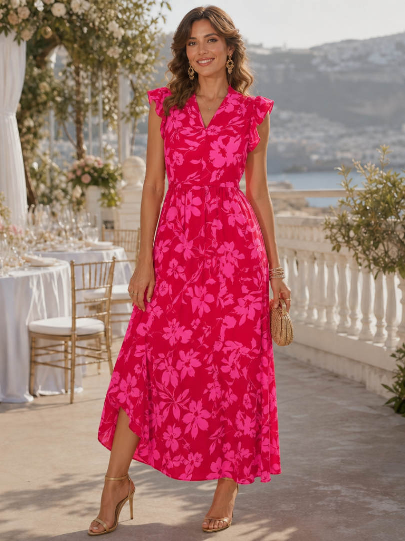 Women's Midi Dress with Ruffle Trim for Garden Party