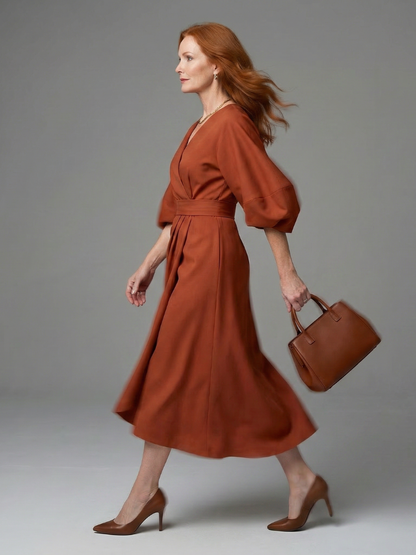 Women's Midi Dress with Sculpted Waist Panel for Daytime
