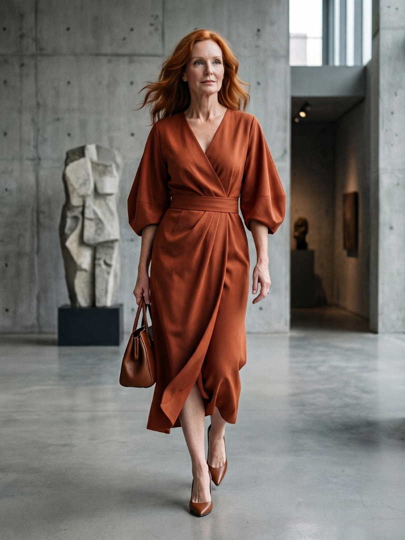Women's Midi Dress with Sculpted Waist Panel for Daytime