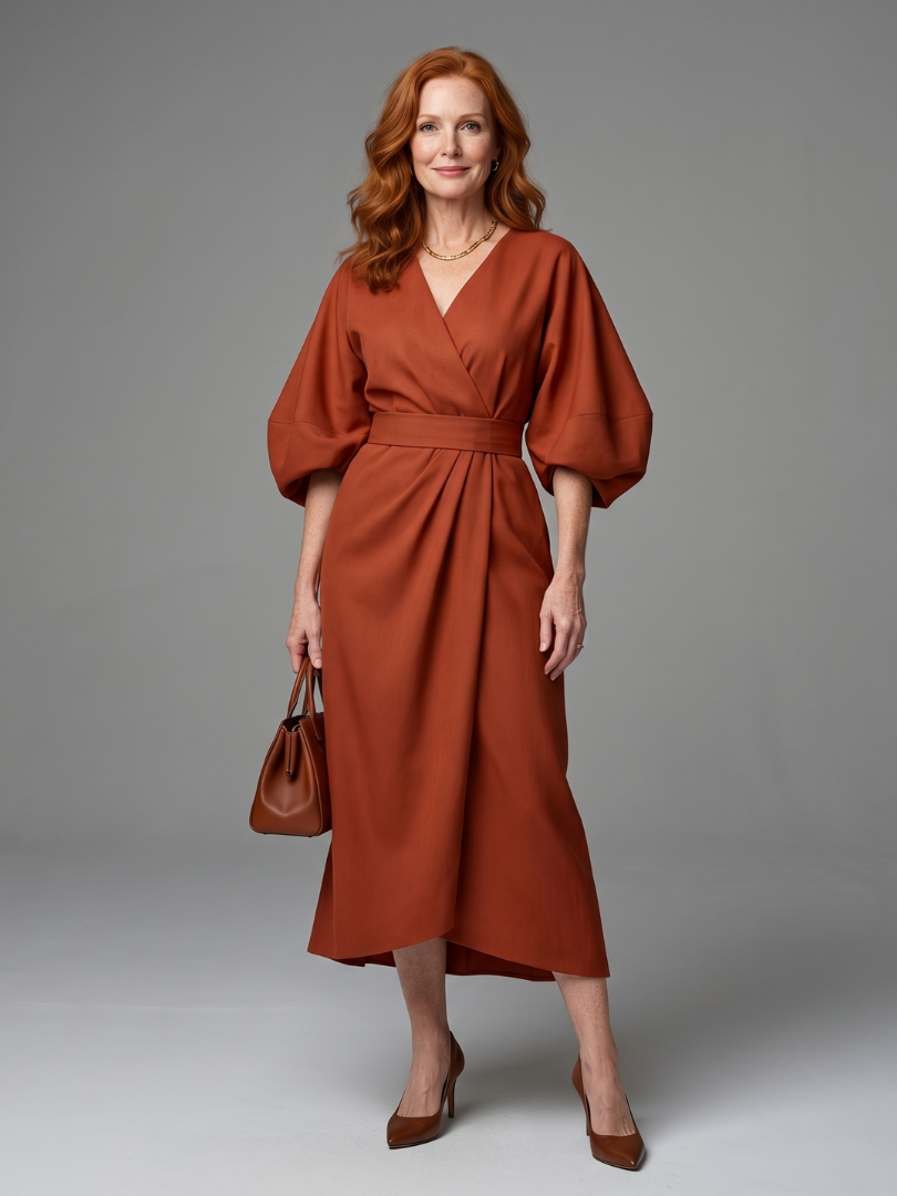 Women's Midi Dress with Sculpted Waist Panel for Daytime