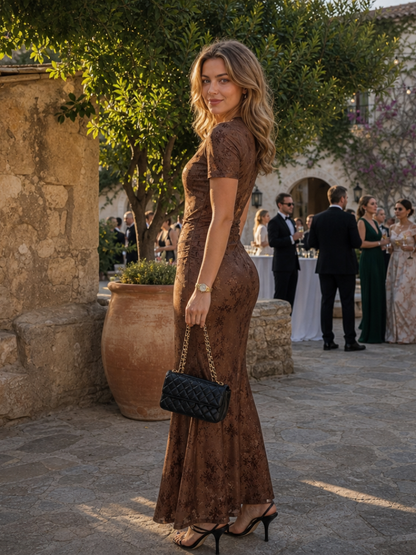 Women's Midi Dress with Sleeves and Crew Neck for Evening