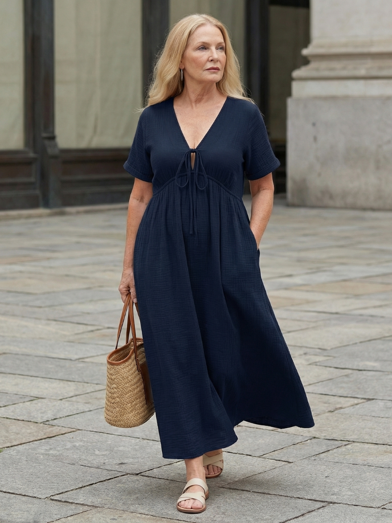 Women's Midi Dress with Tie Front Neckline for Everyday