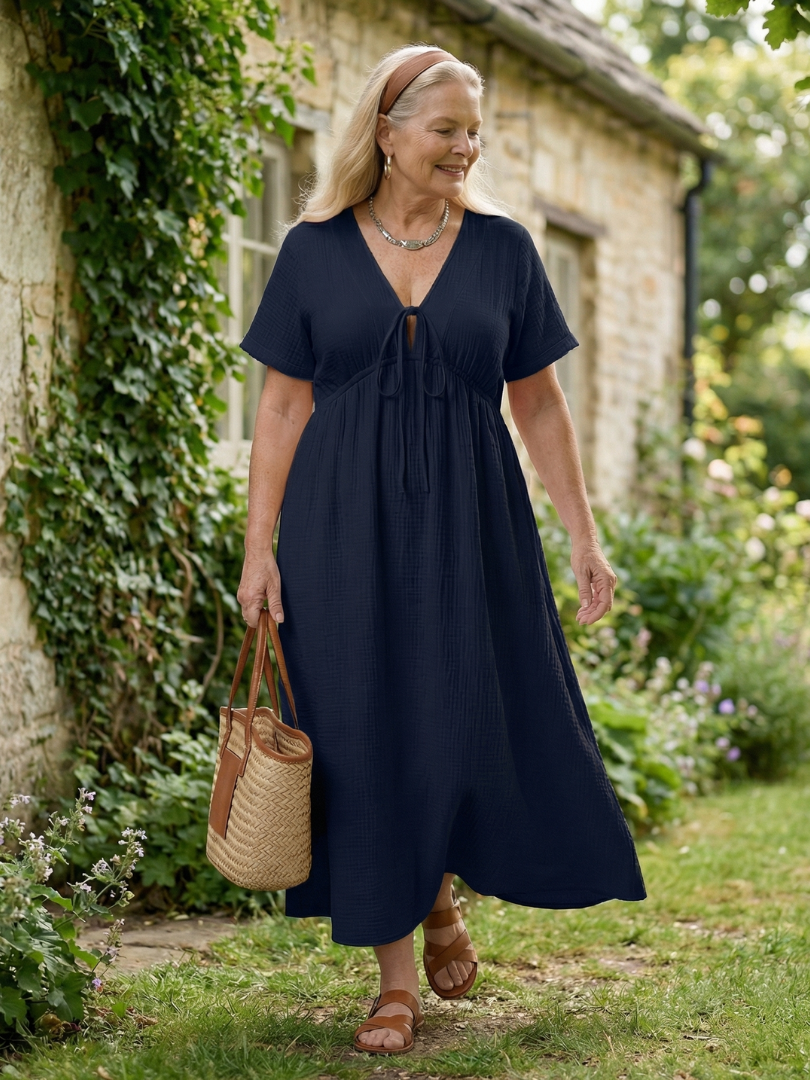 Women's Midi Dress with Tie Front Neckline for Everyday