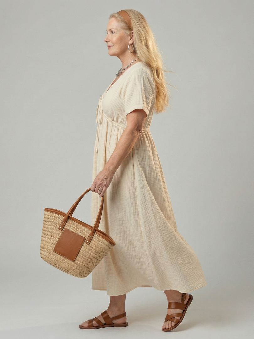 Women's Midi Dress with Tie Front Neckline for Everyday