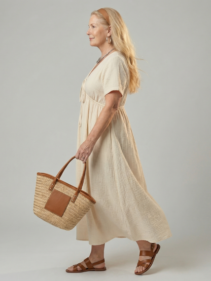 Women's Midi Dress with Tie Front Neckline for Everyday