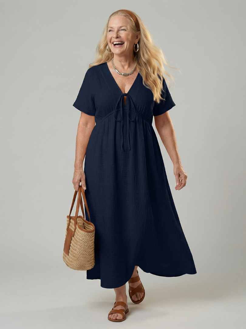Women's Midi Dress with Tie Front Neckline for Everyday
