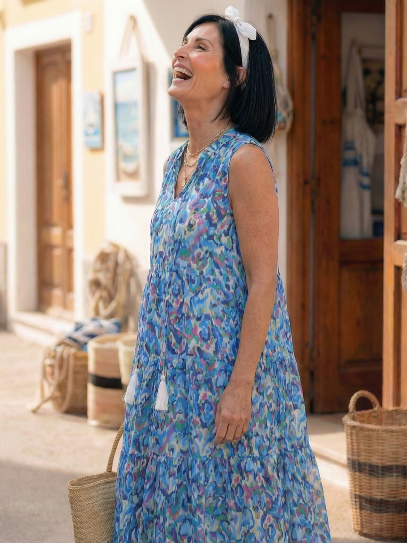 Women's Midi Dress with Tie Neckline for Summer Outings