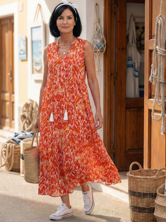 Women's Midi Dress with Tie Neckline for Summer Outings