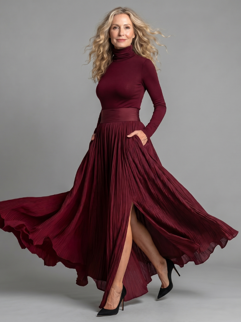 Women's Midi Dress with Turtleneck and Defined Waist
