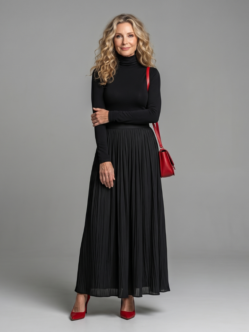 Women's Midi Dress with Turtleneck and Defined Waist