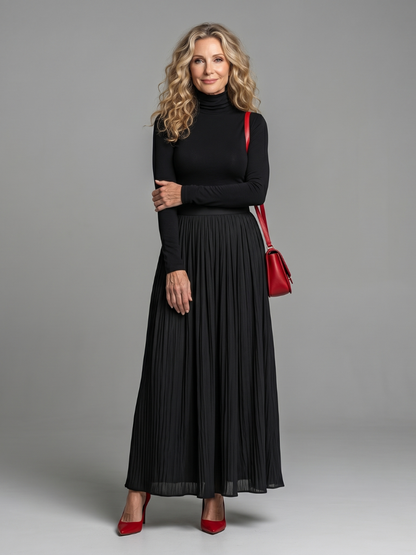 Women's Midi Dress with Turtleneck and Defined Waist