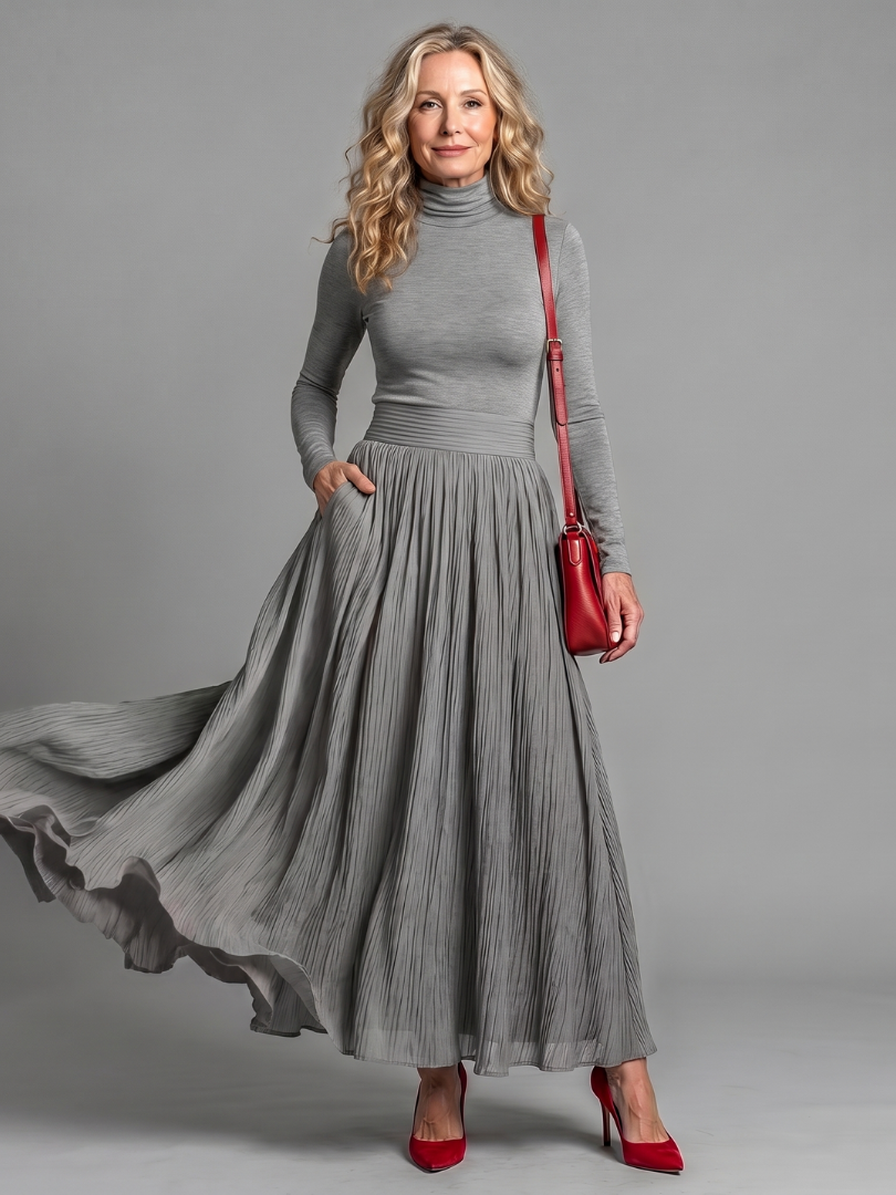 Women's Midi Dress with Turtleneck and Defined Waist