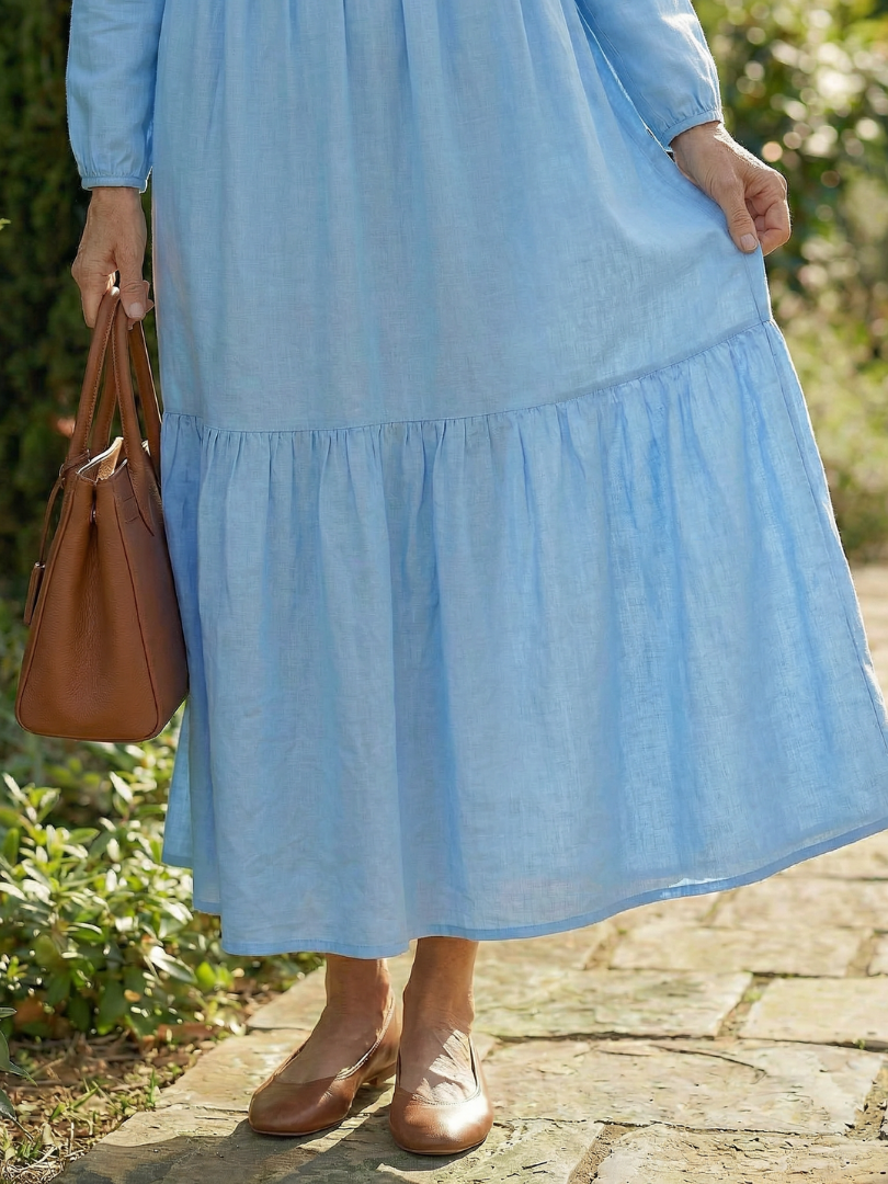 Women's Midi Dress with V-Neck Button for Casual Days