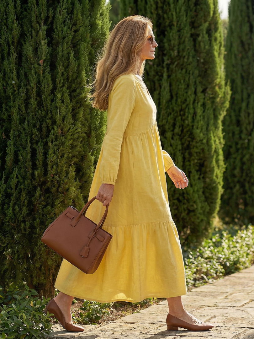 Women's Midi Dress with V-Neck Button for Casual Days