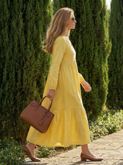 Women's Midi Dress with V-Neck Button for Casual Days