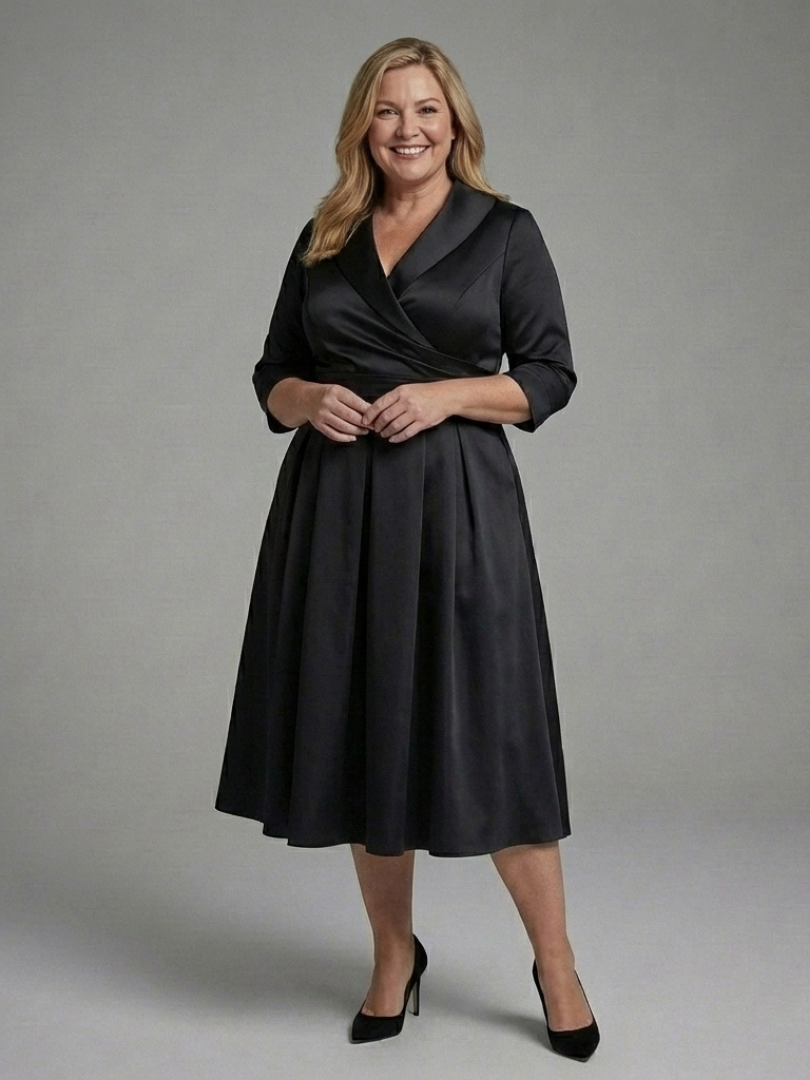 Women's Midi Dress with Wrap Bodice, Three-Quarter Sleeve