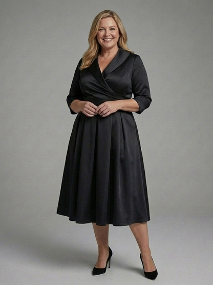 Women's Midi Dress with Wrap Bodice, Three-Quarter Sleeve