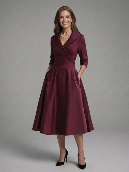 Women's Midi Dress with Wrap Bodice, Three-Quarter Sleeve