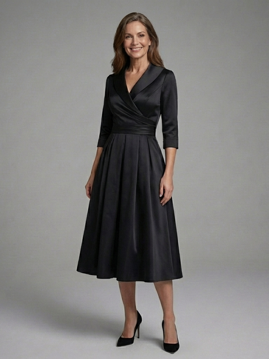 Women's Midi Dress with Wrap Bodice, Three-Quarter Sleeve