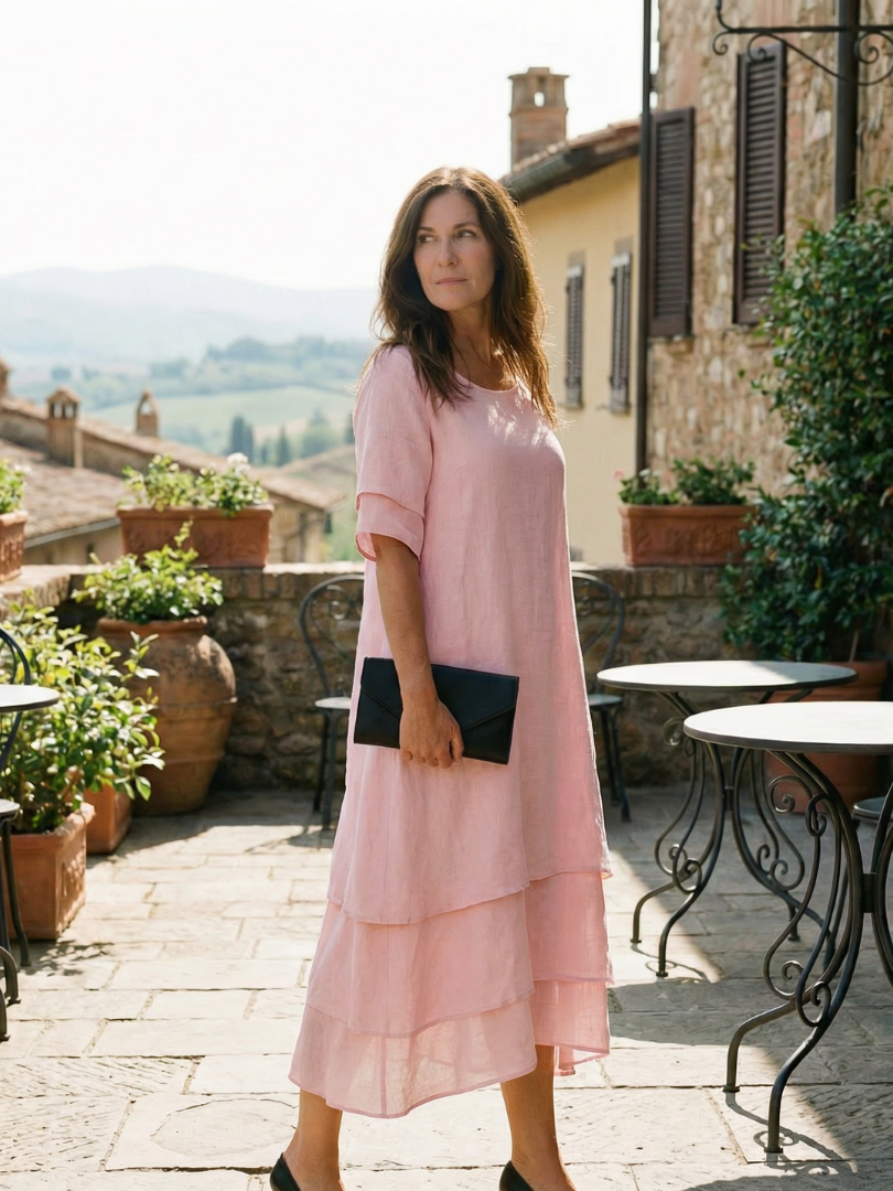 Women's Midi Layered Dress with Draped Hem for Everyday