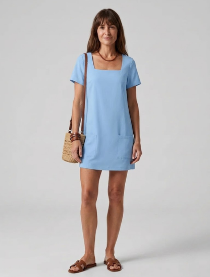 Women's Mini Dress with Square Neckline and Wide Straps