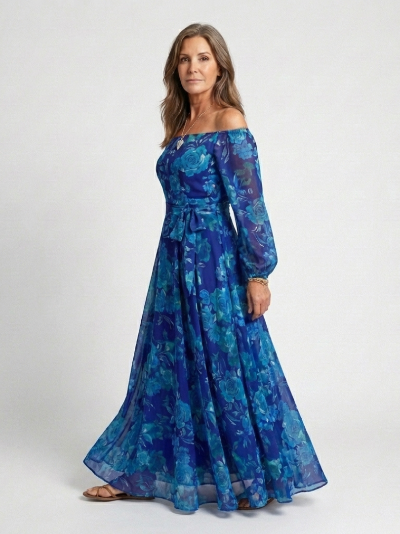 Women's Off-Shoulder Floral Maxi Dress with Fluid Drape