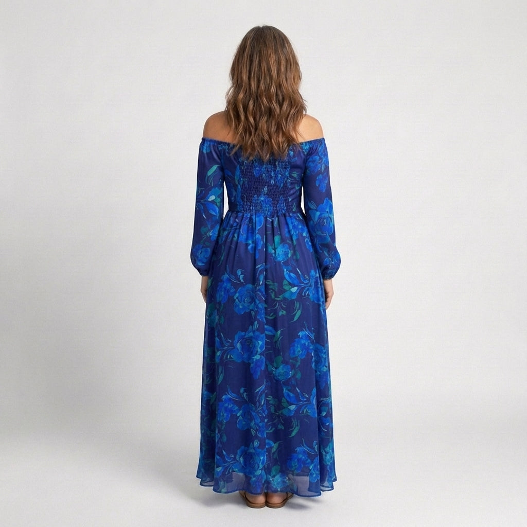 Women's Off-Shoulder Floral Maxi Dress with Fluid Drape