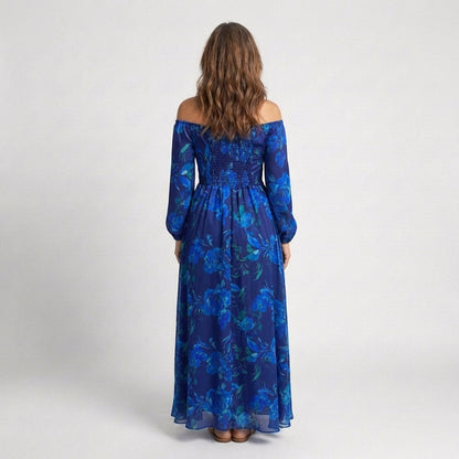 Women's Off-Shoulder Floral Maxi Dress with Fluid Drape