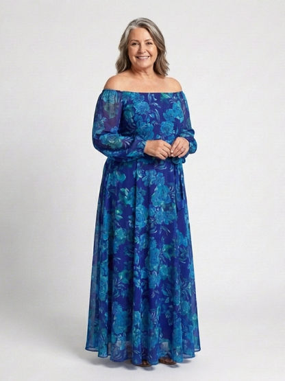 Women's Off-Shoulder Floral Maxi Dress with Fluid Drape