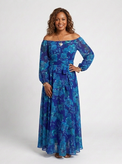 Women's Off-Shoulder Floral Maxi Dress with Fluid Drape