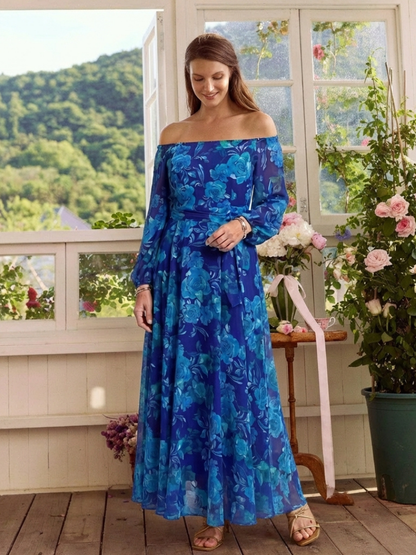 Women's Off-Shoulder Floral Maxi Dress with Fluid Drape