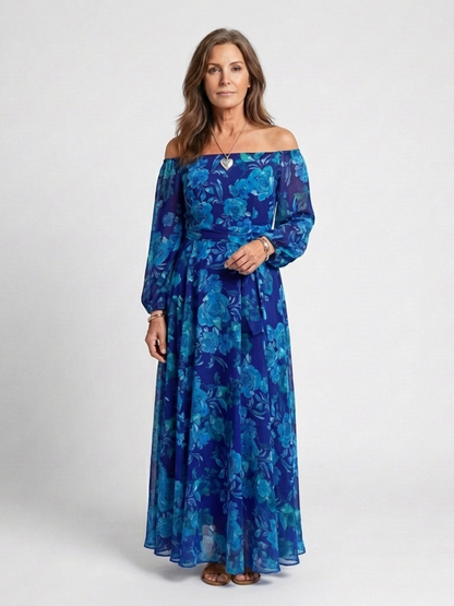 Women's Off-Shoulder Floral Maxi Dress with Fluid Drape