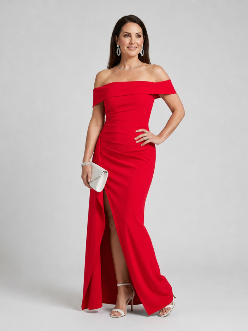 Women's Off Shoulder Maxi Dress with High Slit for Evening