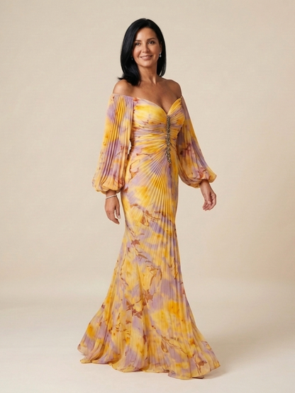 Women's Off-Shoulder Maxi Dress with Pleated Bodice for Gala