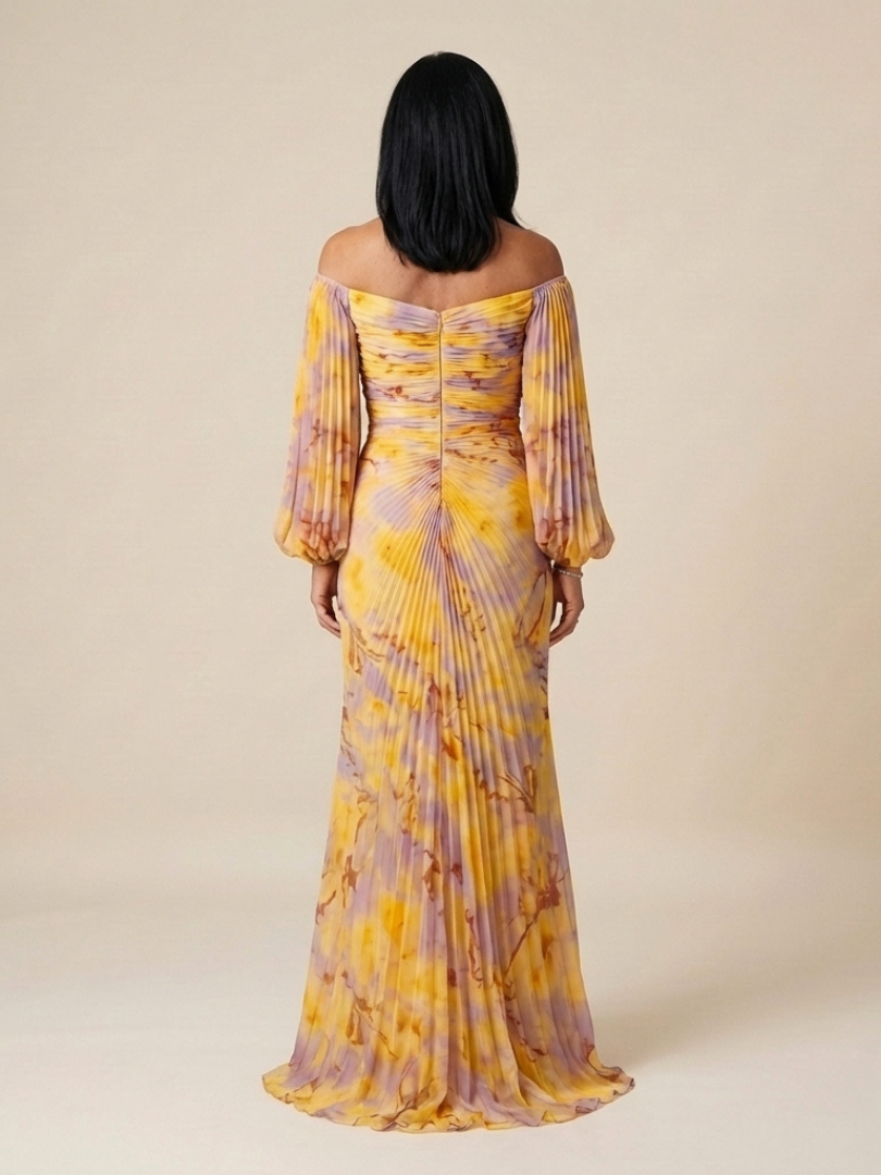 Women's Off-Shoulder Maxi Dress with Pleated Bodice for Gala
