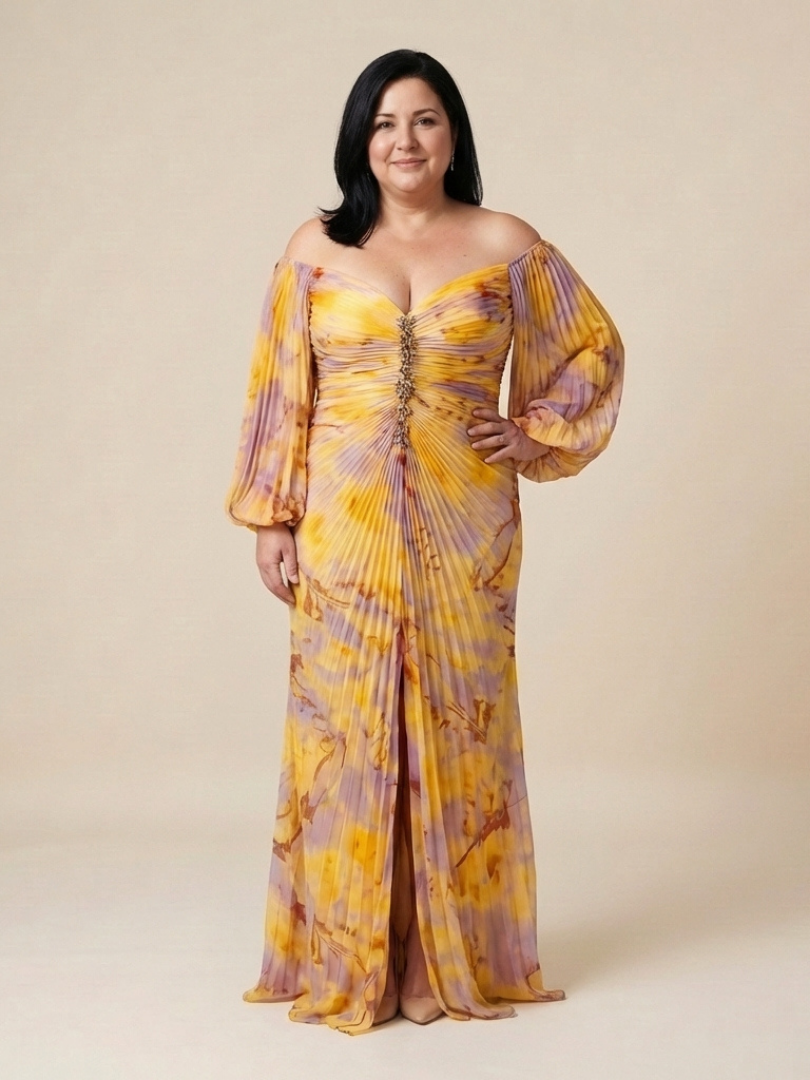 Women's Off-Shoulder Maxi Dress with Pleated Bodice for Gala