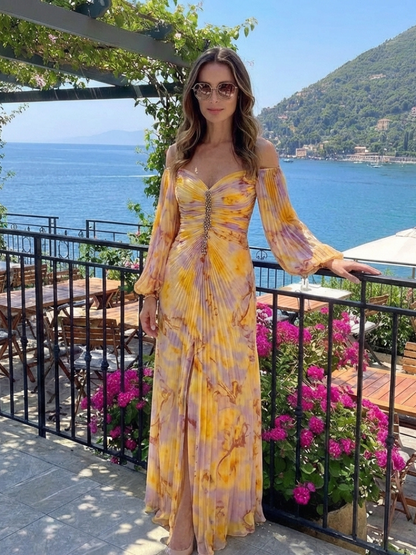 Women's Off-Shoulder Maxi Dress with Pleated Bodice for Gala