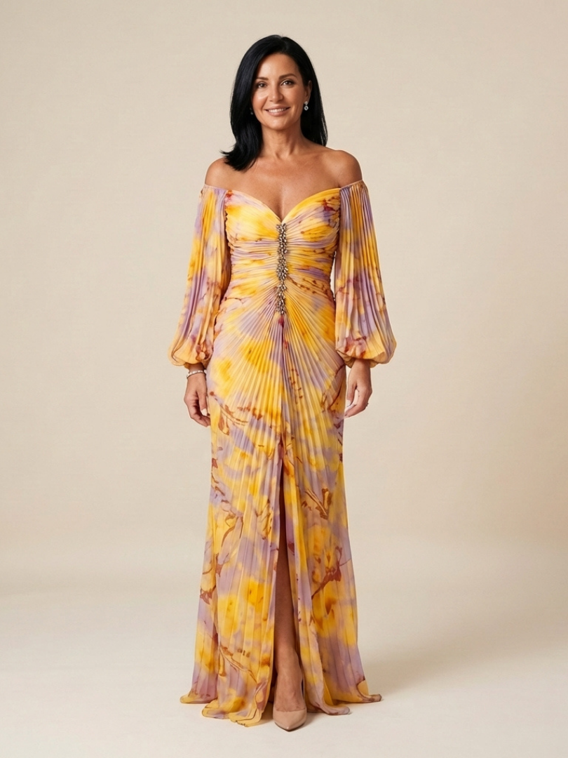 Women's Off-Shoulder Maxi Dress with Pleated Bodice for Gala