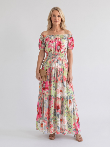 Women's Off-Shoulder Maxi Dress with Shirred Waist - Summer