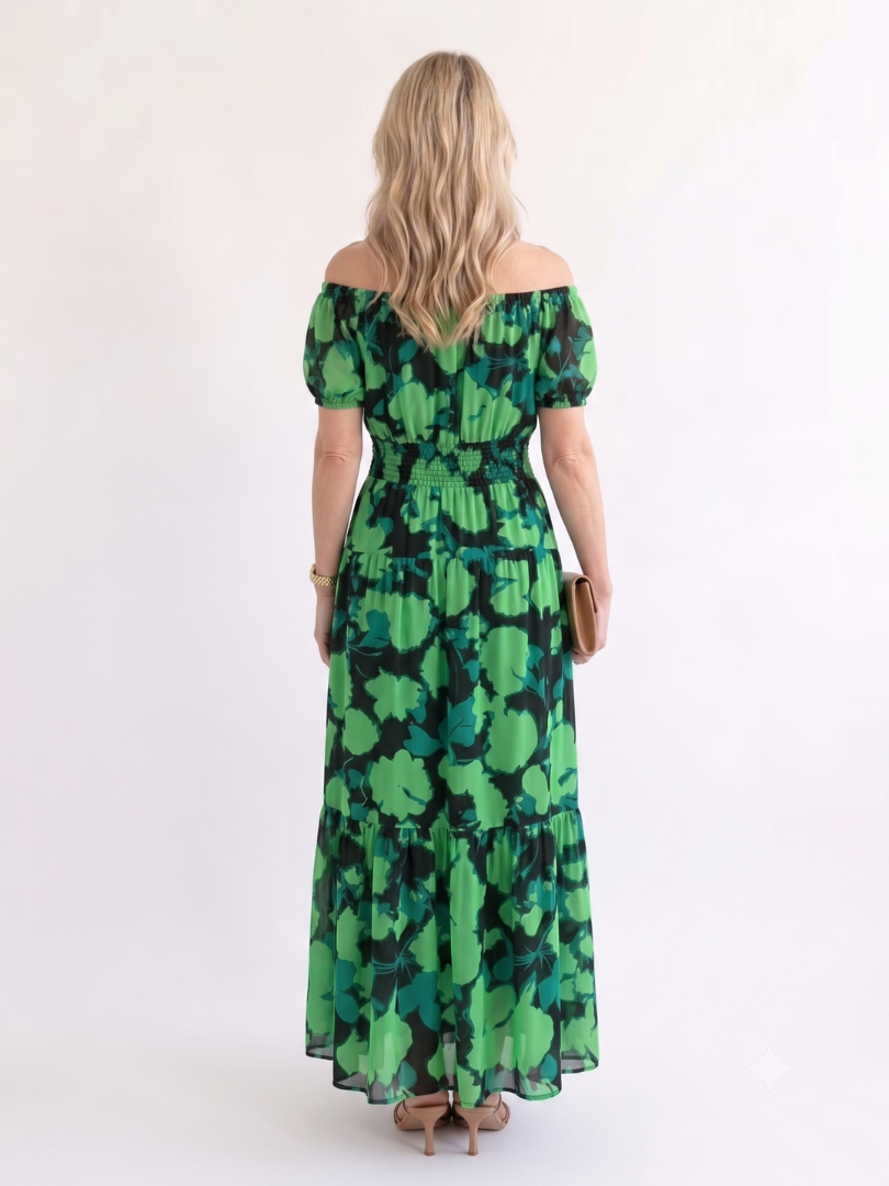 Women's Off-Shoulder Maxi Dress with Shirred Waist - Summer