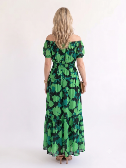 Women's Off-Shoulder Maxi Dress with Shirred Waist - Summer